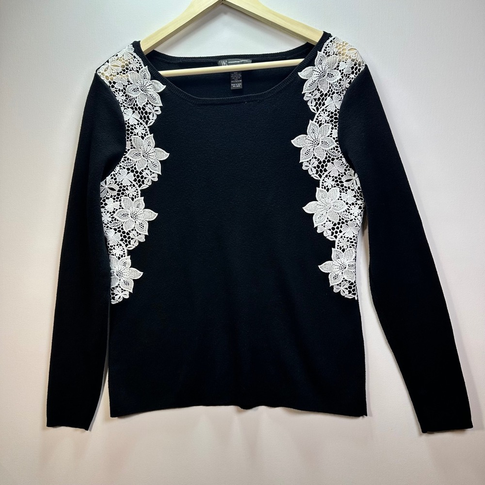 INC International Concepts Black Floral Lace Crochet Long Sleeve Sweater Large
